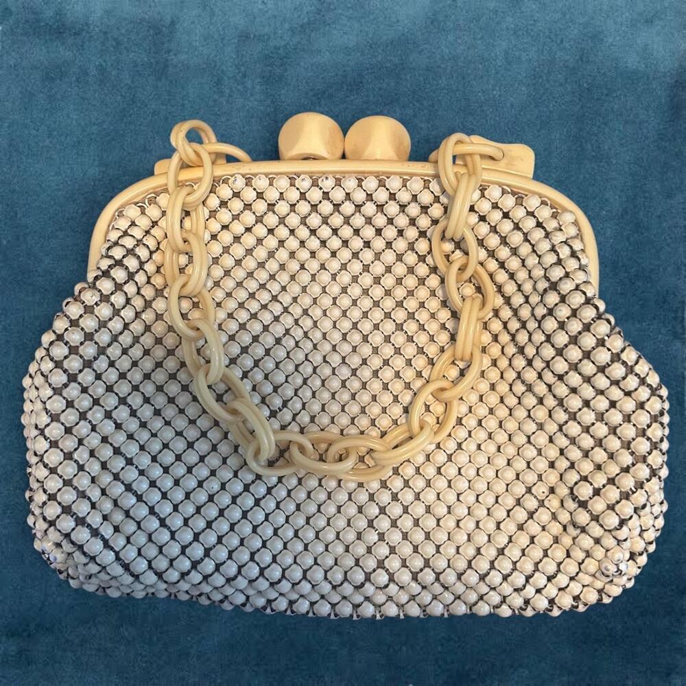 Whiting & Davis Alumesh Enamel Handbag Lucite Frame Handle & org Change Purse.